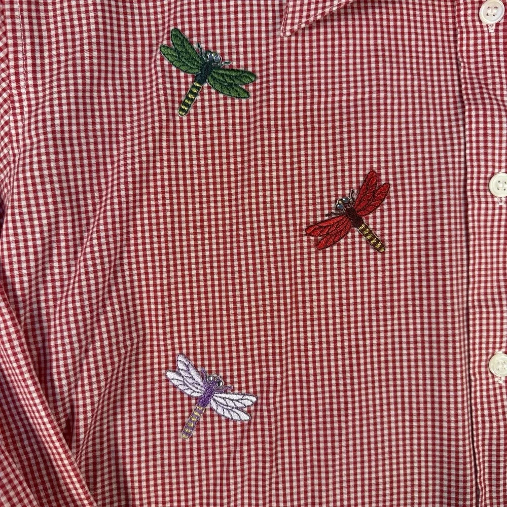 Vintage Red Gingham Blouse Shirt Dragonfly Appliqués With Rhinestones Size Large - Picture 3 of 8